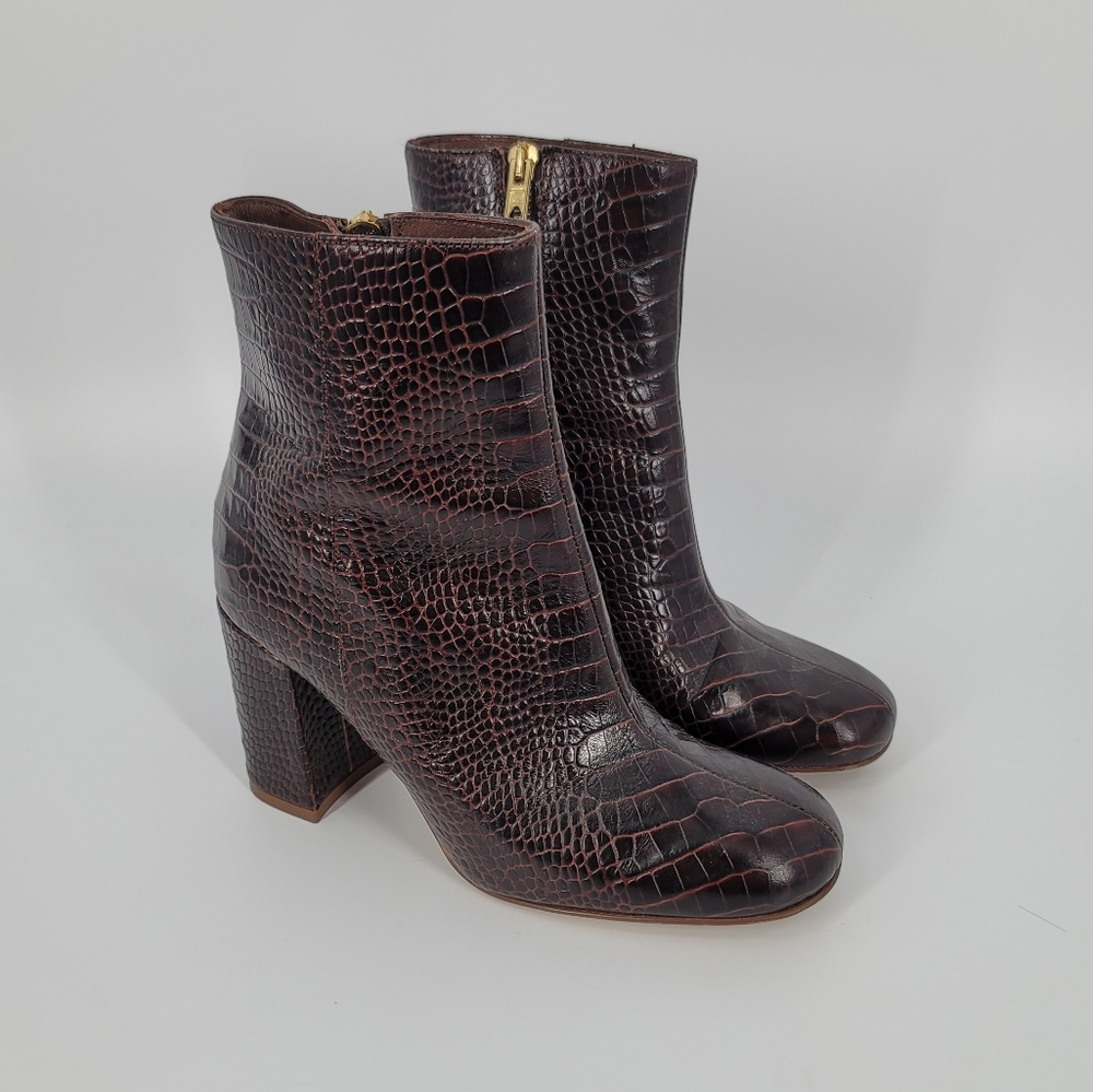 J. Crew Brown Embossed Leather Booties Block Heel Size 7